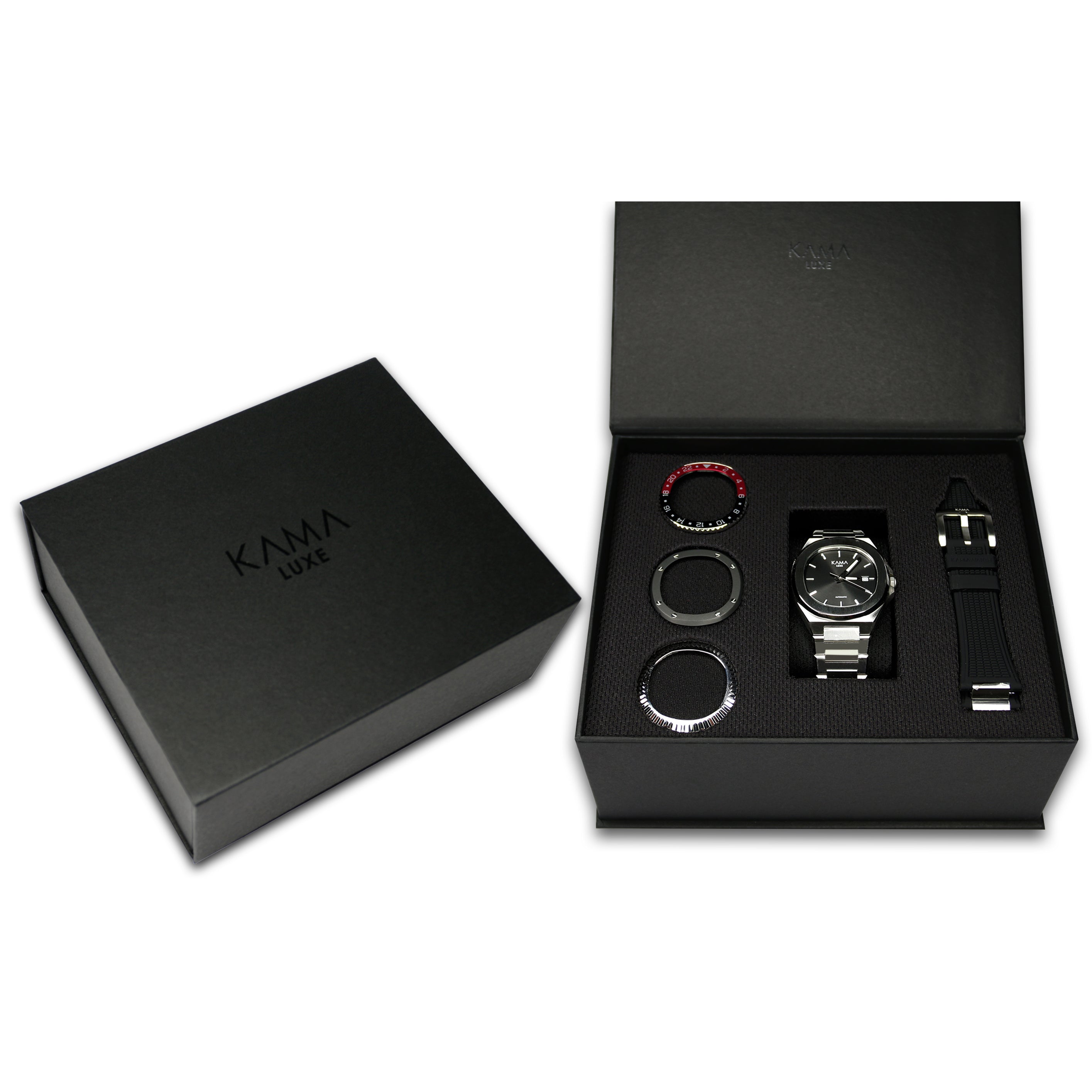 Kama Luxe Black Dial <br>- Orologio Automatico - <br>  1 orologio 8 look differenti <br>- 2 cinturini 4 ghiere